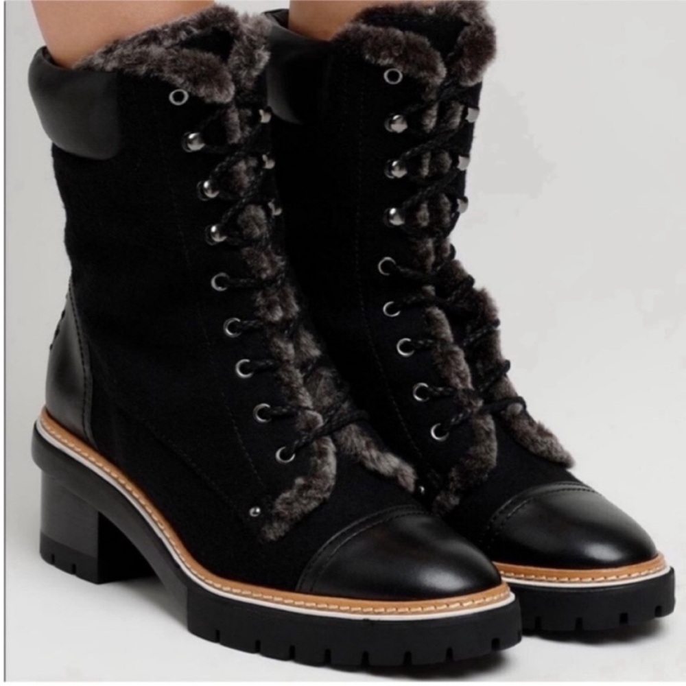 New Tory Burch Miller 60MM Black Lug Sole Shearling Boots Size 7.5 - Picture 13 of 13